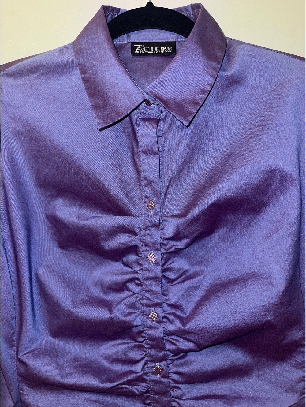 7th Avenue Purple Satin Ruched Button Down Shirt Size S Y2K Fitted Blouse